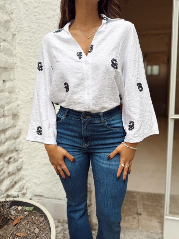 CAMISA FLORA TWIL V BORDADA 3/4