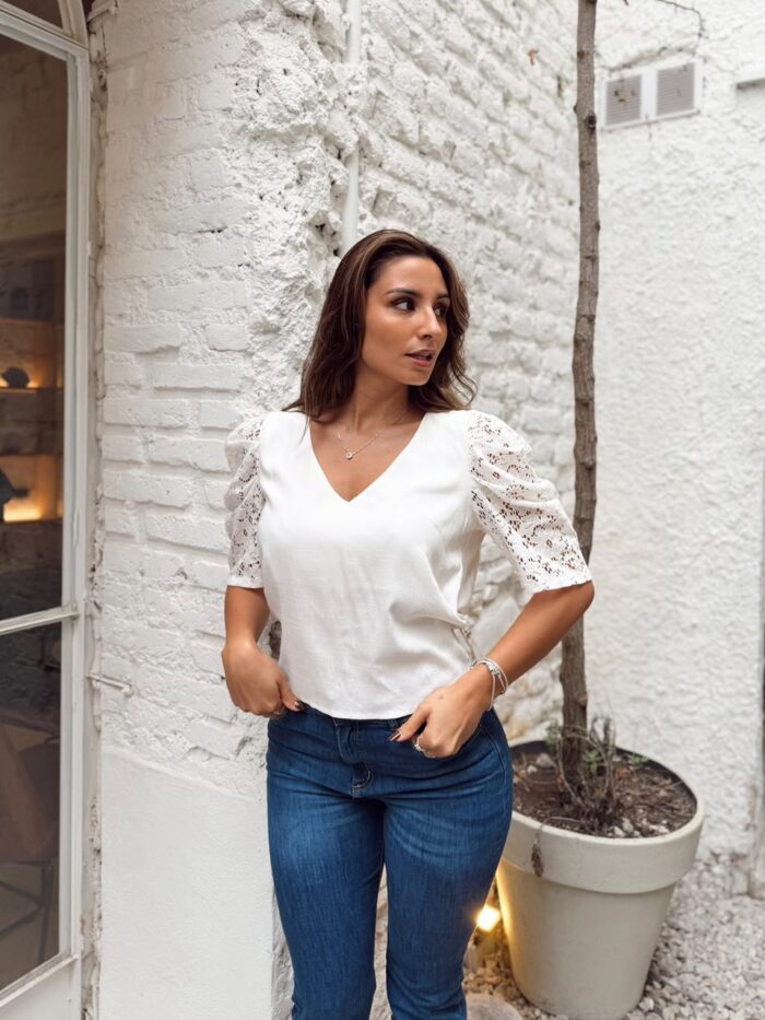 BLUSA LA FINA V LINO ENCAJE