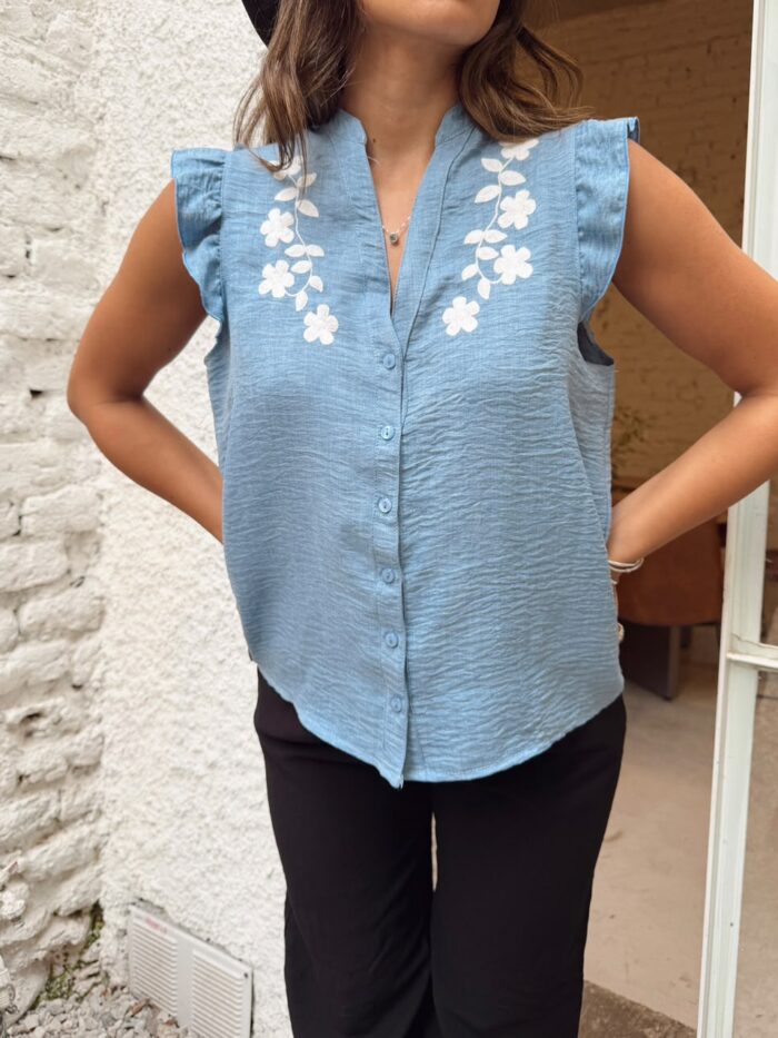 BLUSA TWIL ISADORA CUELLO MAO V BORDADA