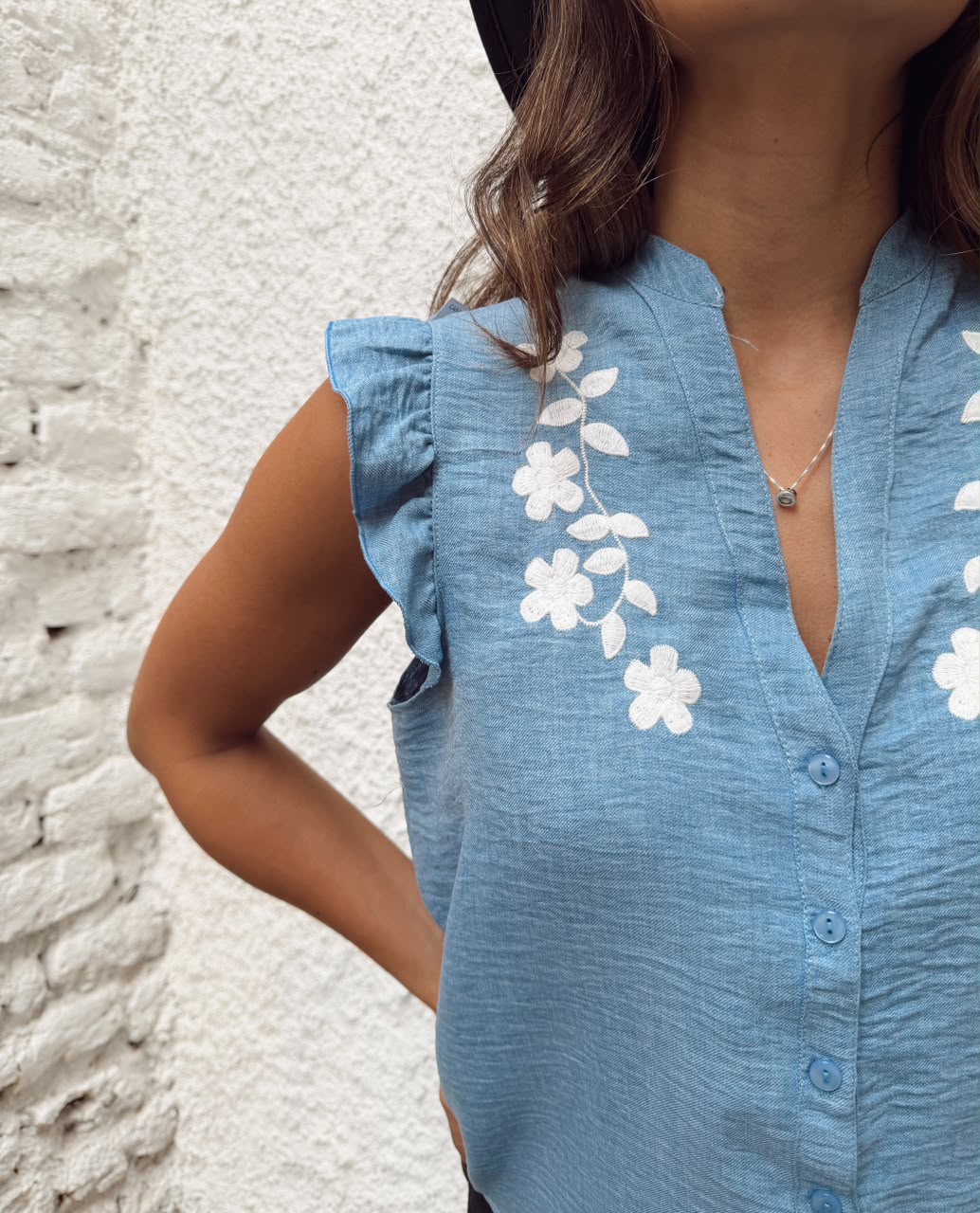BLUSA TWIL ISADORA CUELLO MAO V BORDADA - Imagen 3
