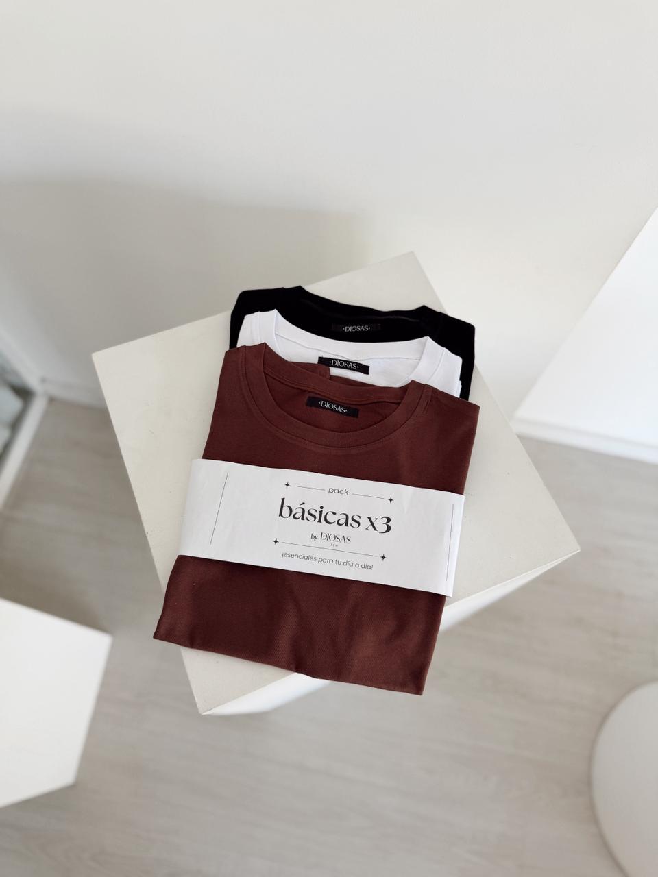 REMERA PAULA PACK X 3 ALGODON ESCOTE REDONDO BY DIOSAS